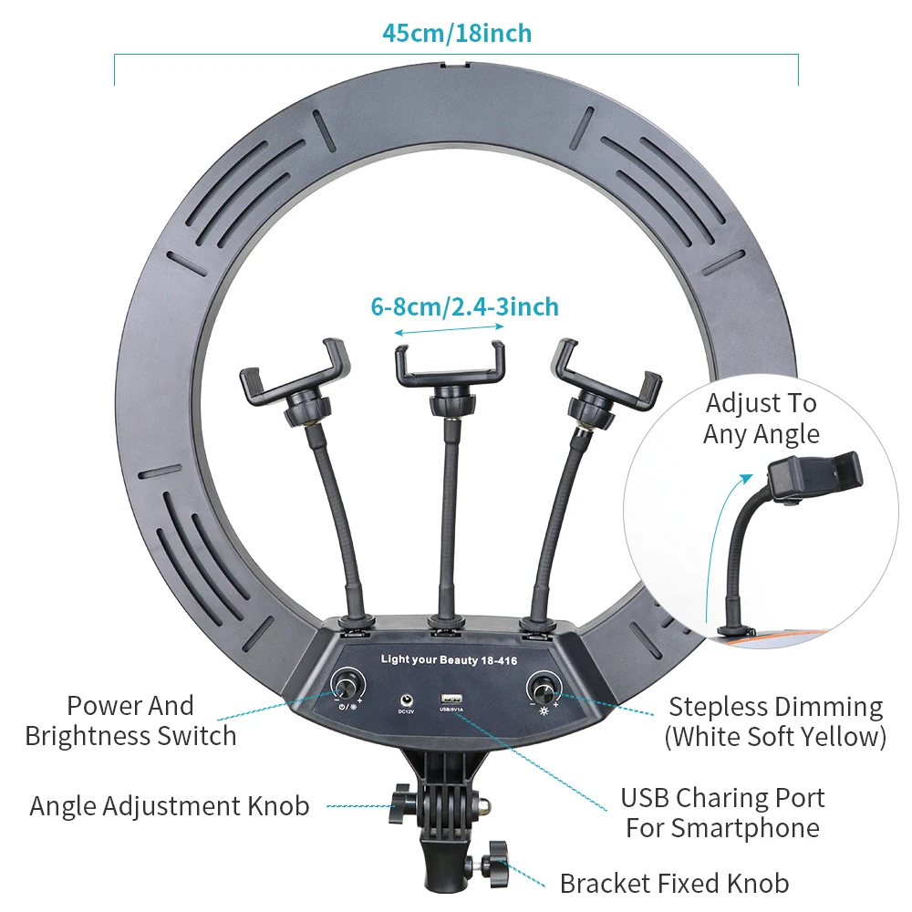 LED Ring Light 18 Inch 45cm Profissional Photography Lighting Dimmable Selfie Lamp With Tripod For Stand Photo Studio Video Live