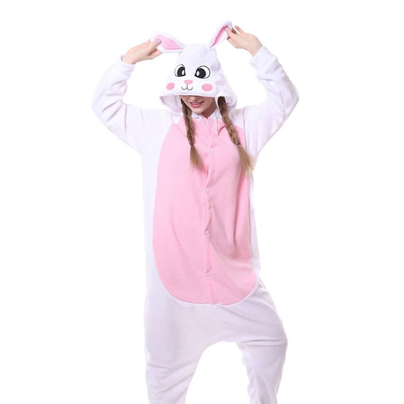 Пижама кигуруми кугуруми для взрослых Мужские и женские флисовые пижамы животных лиса комбинезоны взрослых пижамы новинки Косплей вечерние на Хэллоуин Единорог акула костюм XL - Цвет: Powder rabbit