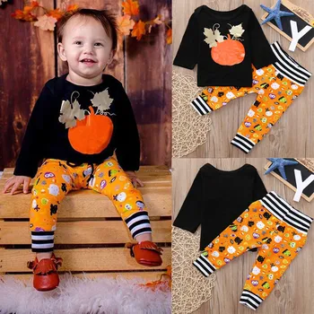 

Toddler Baby Kids Girls Boys Halloween Print Tops+Cartoon Stripe Pants Outfits
