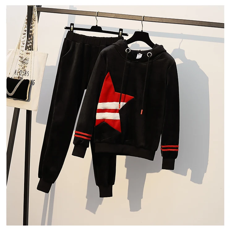 Большой размера плюс XL-5XLTracksuit, Женский комплект из двух предметов, толстовки, топ, штаны, одежда, теплый зимний бархатный утепленный спортивный комплект