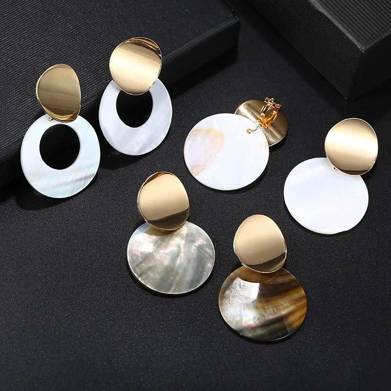 New Design Golden Natural Round Shell Non Pierced Clip on Earrings Ear Clips for Women Bijoux Brincos Party Gift jewellry