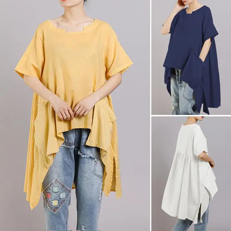 Summer Blouses ZANZEA Women Pockets Asymmetrical Short Sleeve Shirt Stylish Split O-Neck Casual Solid Beach Tops Oversized 5XL Summer Blouses ZANZEA Women Pockets Asymmetrical Short Sleeve Shirt Stylish Split O-Neck Casual Solid Beach Tops Oversized 5XL