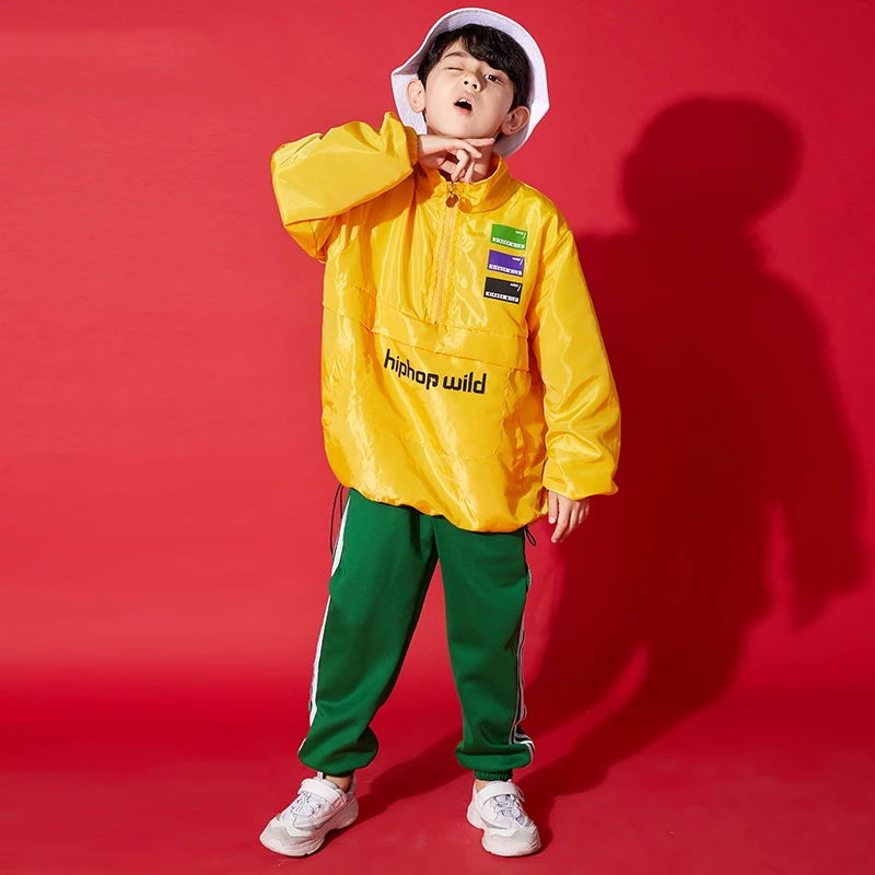 New Hiphop Kids Dance Costumes Children Yellow Tops+Green pant Drum T Stage Show Clothes Children's Street Dance Clothing BL1964