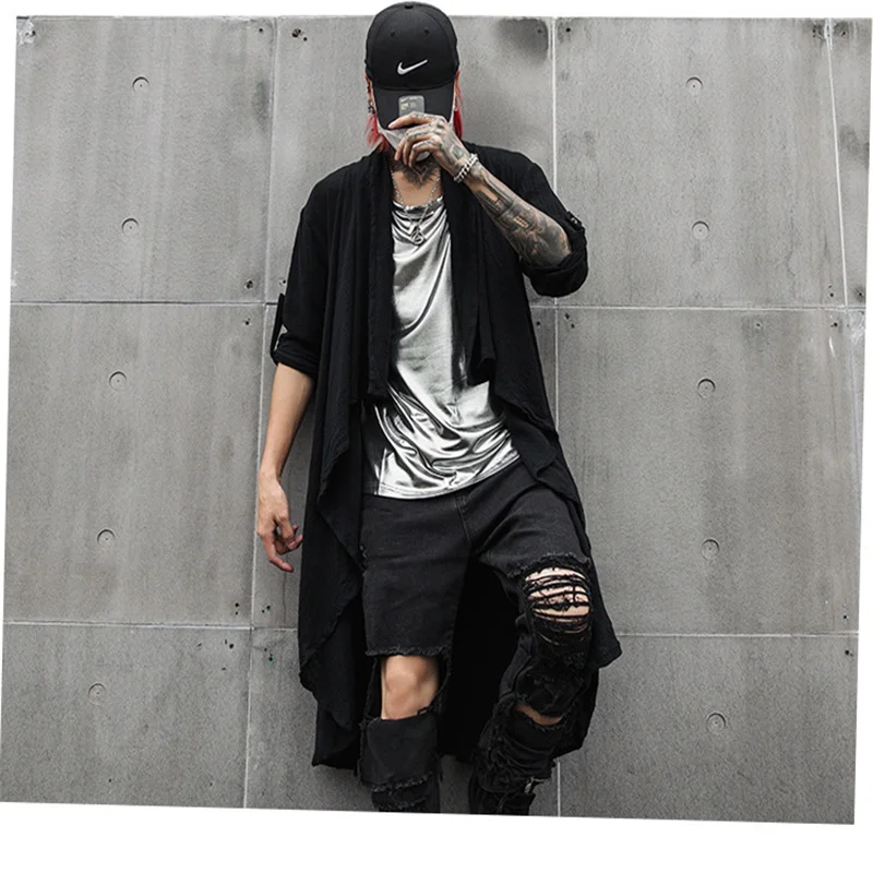 Men side split cotton linen long trench coat cardigan street punk hip hop jacket japan nightclub DJ gothic vintage stage costume