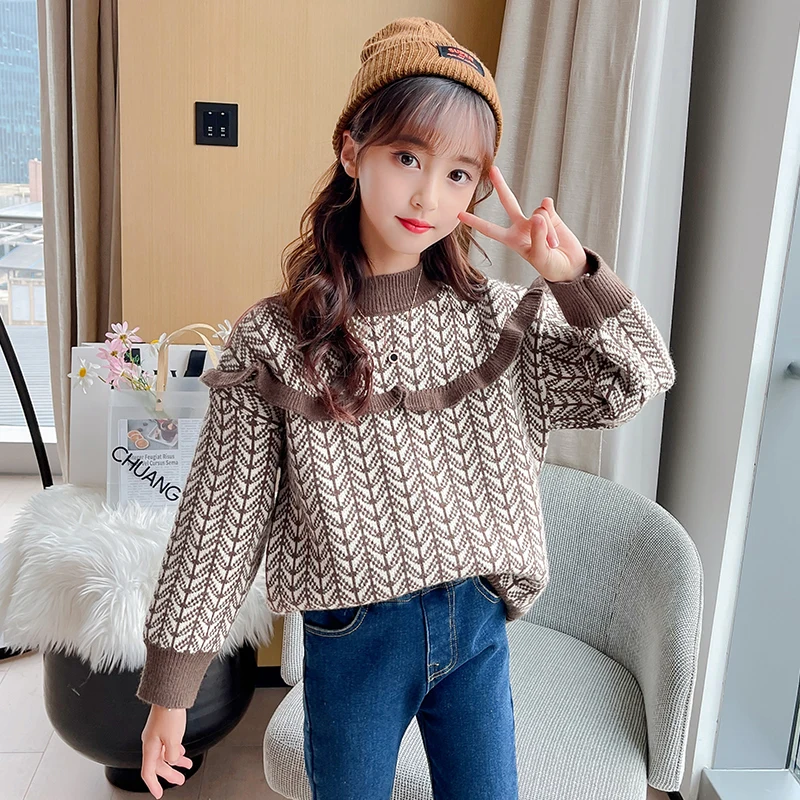 

Kids Grils Sweaters Autumn Winter Girl Loose Knit Bottoming Pullovers Ruffles O neck Kids Girl Outerwear Sweaters Girls Clothing