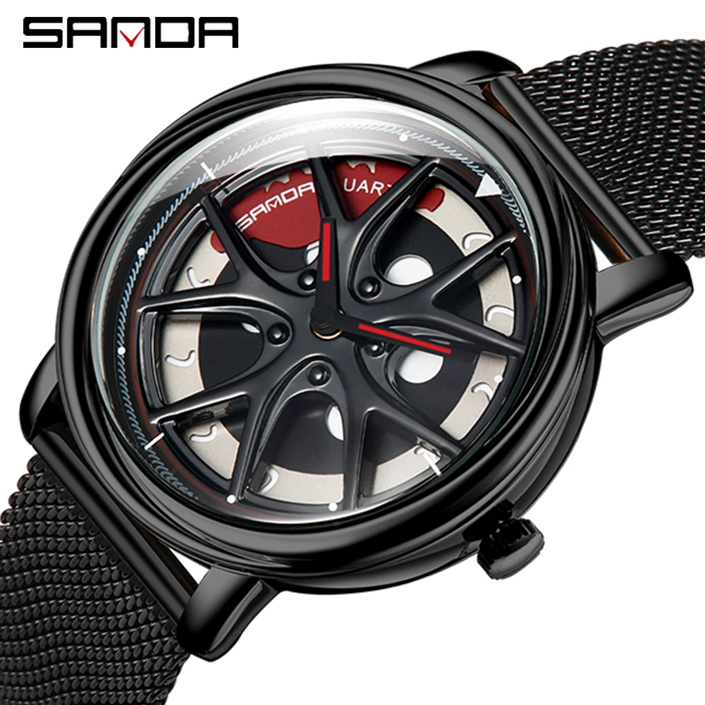 SANDA Men Rim Hub Watch Custom Design Car Wrist Watch Stainless Steel Custom not Printing Wheel Rim Hub Rotating Dial Watches 