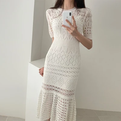 

Summer Women Knit Dress Hollow Out With Short Sleeve High Waist Bandage With Vest Midi Dresses Female Chic Dress Ka774