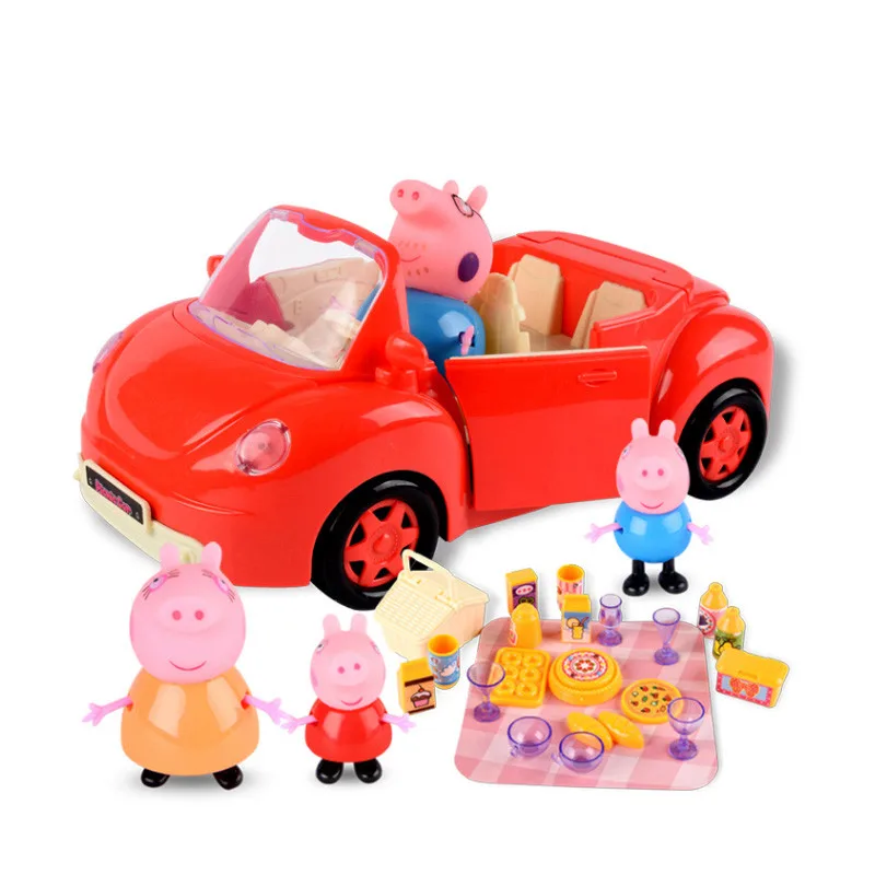 car and 4pcs Свинка Пеппа колесо обозрения Набор игровой домик качели игрушки ПВХ красный автомобиль набор фигурка Аниме Фигурки игрушки для детей день рождения лучшие подарки - Цвет: car and 4pcs