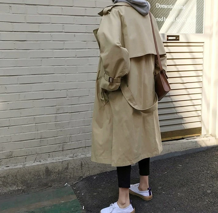 Goede Herfst Nieuwe Vrouwen Casual Trenchcoat Oversized Double Breasted Vintage Uitloper Sjerpen Chic Mantel Vrouwelijke Windjack