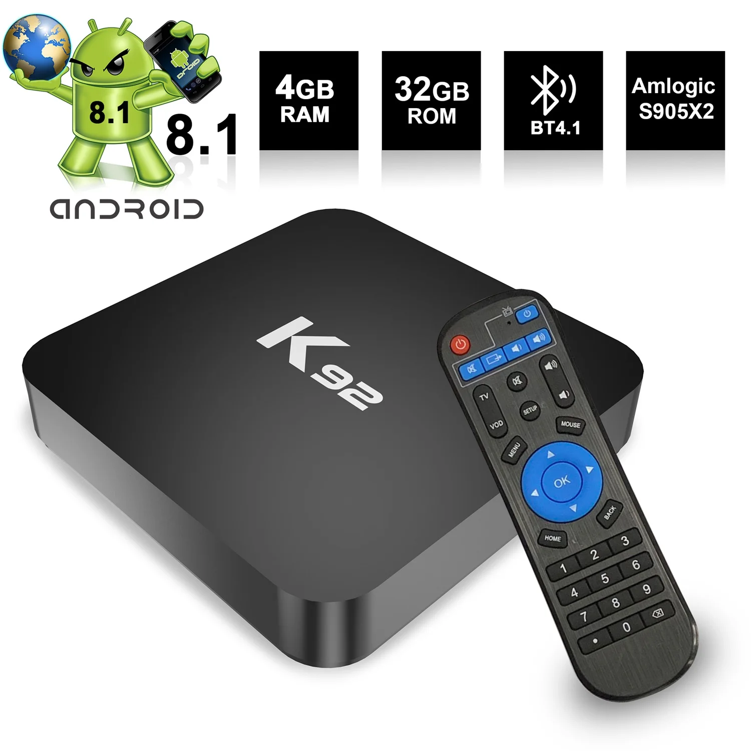 K92 S905X2 Android 8.1 Smart TV Box 4GB RAM 32GB ROM 2.4G/5G WiFi Bluetooth 4.1 Set Top Box EU Plug