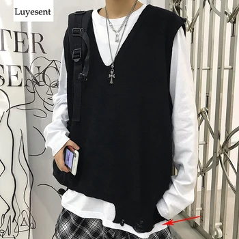 

Cool Black Dark Gray Punk Unisex Pull Sweater 2020 Woman Man Sleeveless Deep V Neck Split Asymmetry Hem Knit Top Outwear Jumper