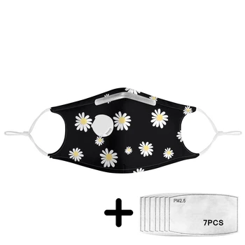

Women Black Polyester Mask with White Cartoon Daisy Print PM2.5 Filters Soft Durable Breathing Valve Masks Going Outing Protect