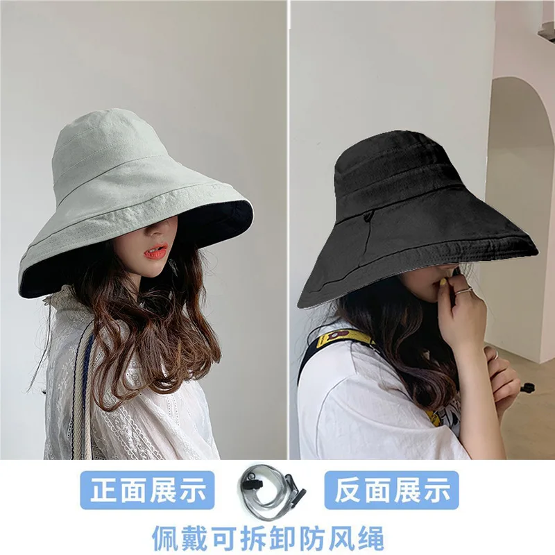 Blue grey and Black Корейская женская однотонная хлопковая Солнцезащитная шляпа с защитой от ультрафиолета, Двусторонняя одежда, большие карнизы, пляжная шляпа для женщин, шляпа от солнца на открытом воздухе - Цвет: Blue grey and Black