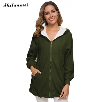 

Hooded Plush Jacket Casual Loose Solid Color Basic Coat 2019 Winter Coat Women Zipper Pockets Fashion Thicken Plus Size Jackets