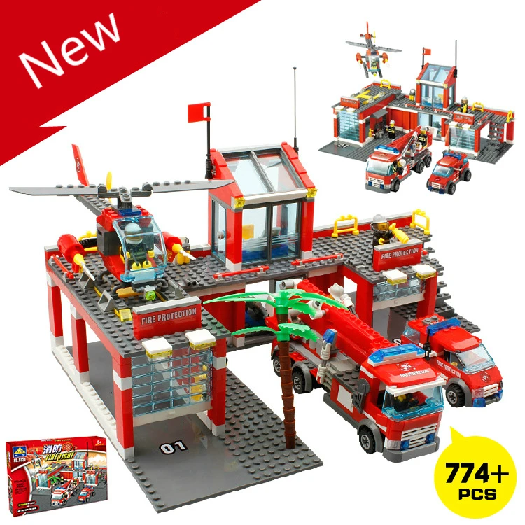 

New 774pcs Fire Station Building Blocks Model Bricks Compatible Legoingly City Fire Truck Helicopter Figures Toys for Kids