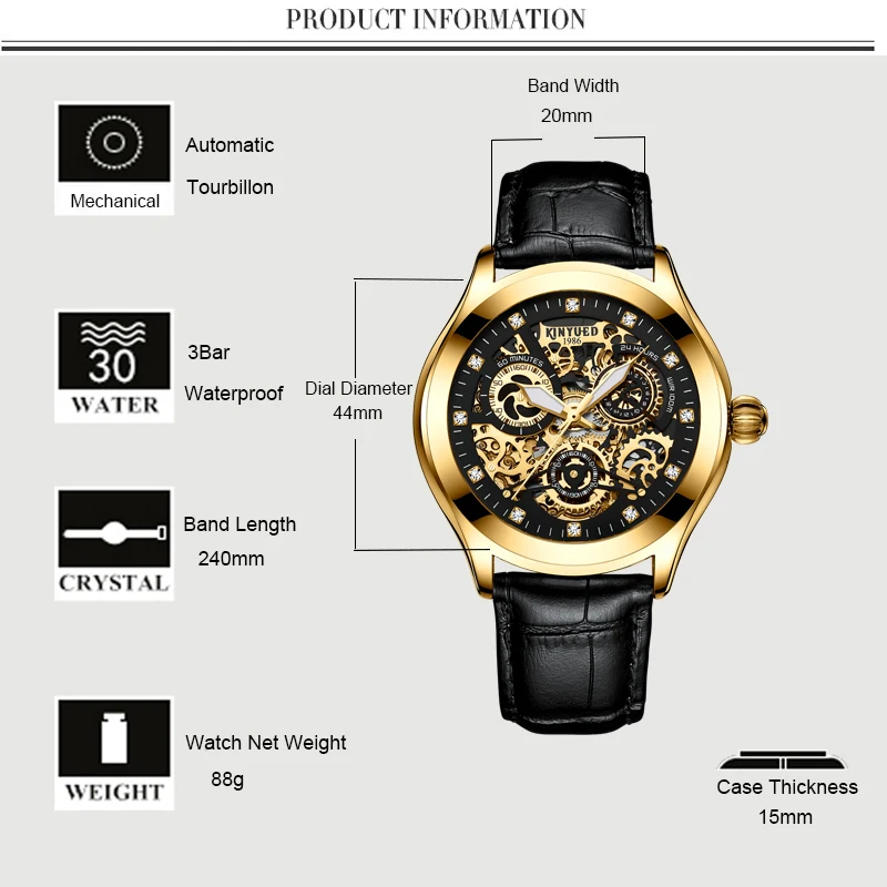 KINYUED механические часы со скелетом Tourbillion Мужские автоматические часы мужские роскошные брендовые Водонепроницаемые кожаные золотые часы montre homme