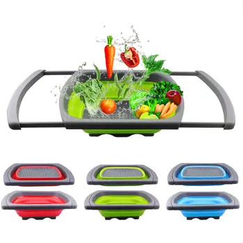 

New Silicone Collapsible Over The Sink Retractable Colander With Handle Kitchen Folding Strainer Bowls Drain Water Filter Basket
