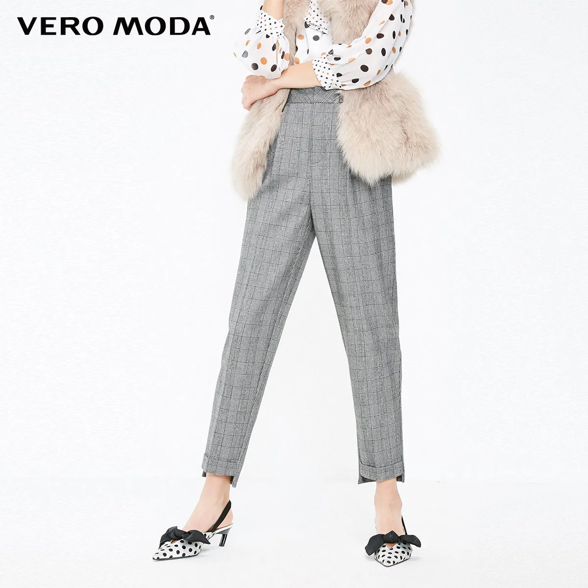 Vero Moda женские OL Стиль свернутые манжеты клетчатые укороченные брюки | 319150513 - Цвет: Granit mel.