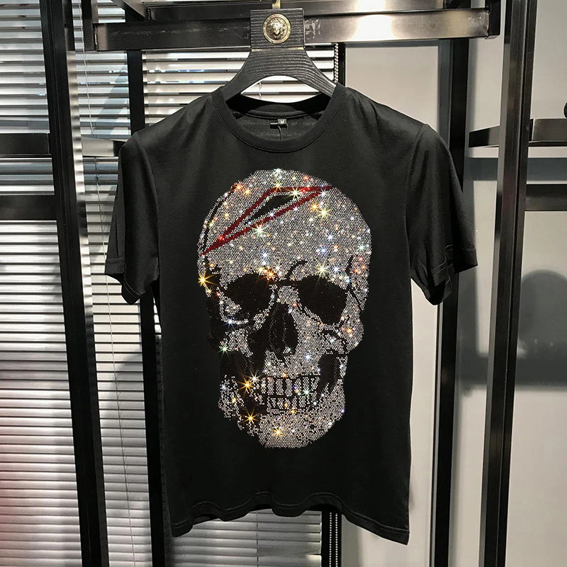 Hot Rhinestone Skull Men's T-Shirt Trend Slim Handsome