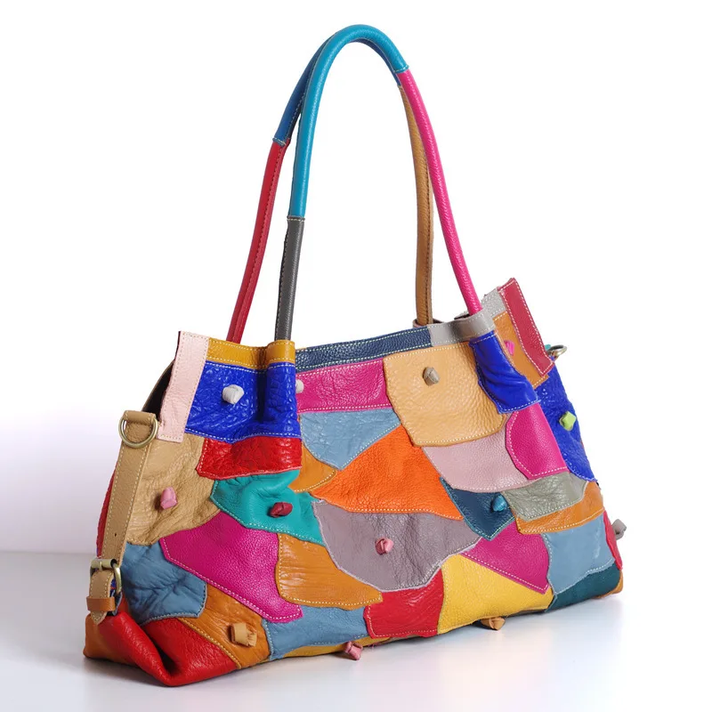 

New Style Genuine Leather Cowhide Cool Handmade Bag Colorful Contrast Color Ethnic-Style Women's Crossbody Bag Large Bag