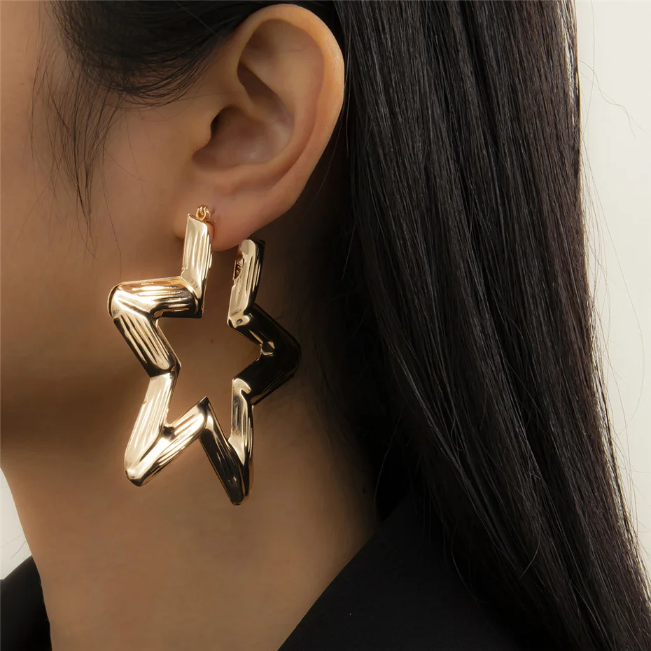KunJoe 2021 New Punk Gold Color Big Star Hoop Earrings for Women Exaggerated Metal Geometric Earrings For Women Party Jewelry