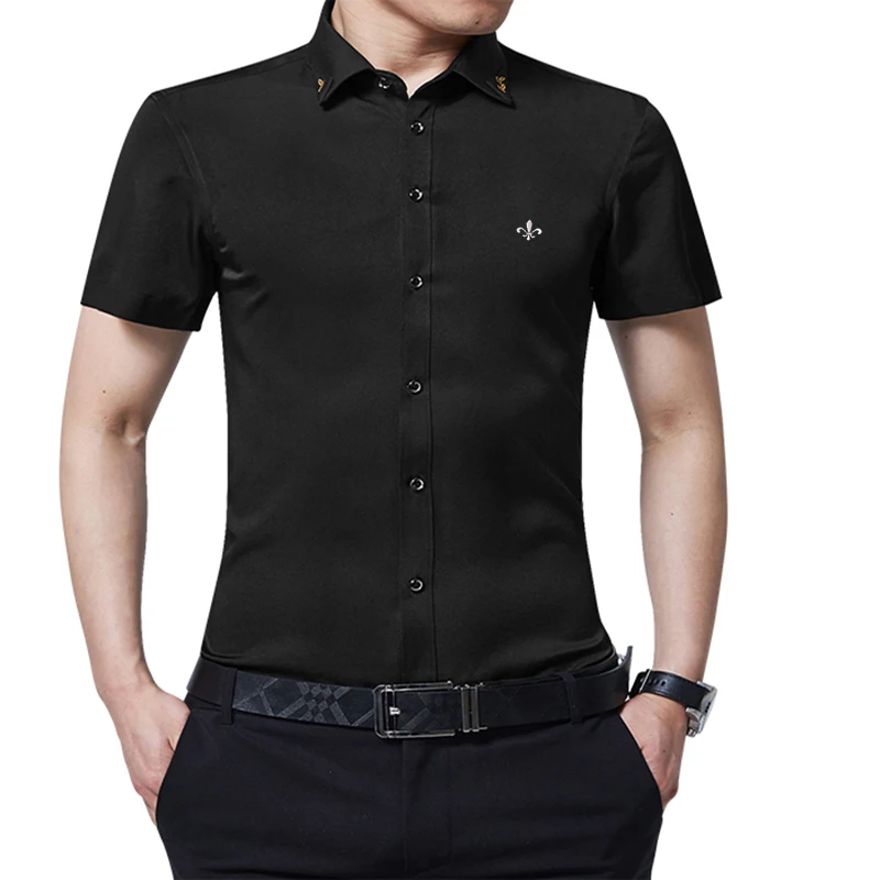 Против морщин и нежелезной вышивки мода Blusa Camisa Social Masculina Dudalina короткий рукав Slim Fit рубашка мужская одежда с цветочным рисунком - Цвет: DCZ2701-BLACK