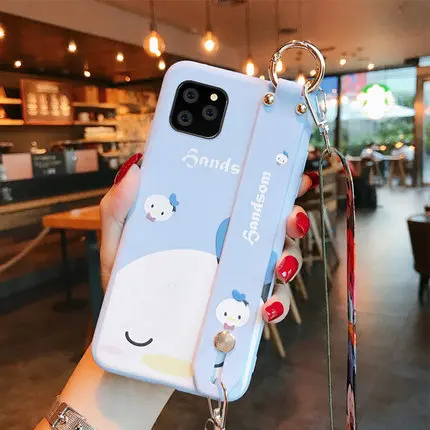 For iphone 11 Cute Avocado Wrist Strap phone Case for iphone 11 pro max Cartoon CAT silicone Rabbit Back cover+ strap - Цвет: As shown in