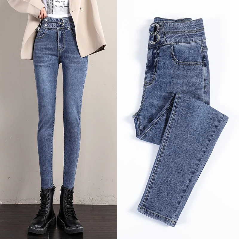 

Jeans women's autumn 2020 new double buckle slim slimming stretch tight all-match pencil pants comfortable nine-point pants soft