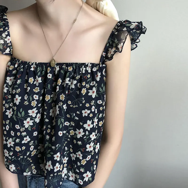 

Mschf camisole Korean version of the female small floral word shoulder wearing a net red loose shirt summer female ins tide