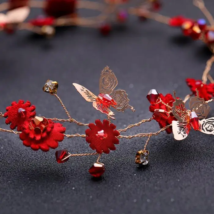 FORSEVEN Red Flowers Handmade Headband Hairpins Clip Earring Jewelry Set Bridal Wedding Hair Accessories Dubai Jewelry Set