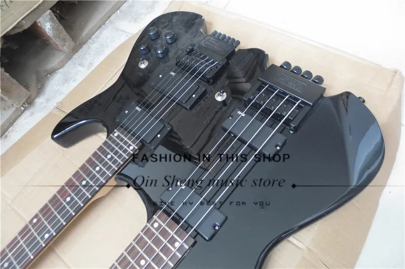 

free shipping custom double neck electric bass guitar,black guitar,4 strings bass6 strings guitar,black hardware