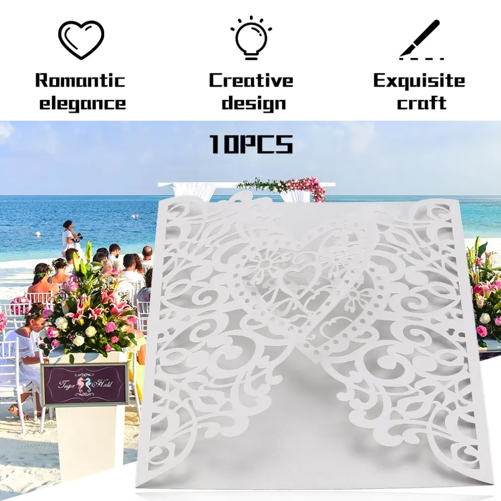  10Pcs Heart Wedding Invitation Cards Laser Cut Hollow Out Envelopes Seals Invitation Covers Wedding - 4.00026E+12