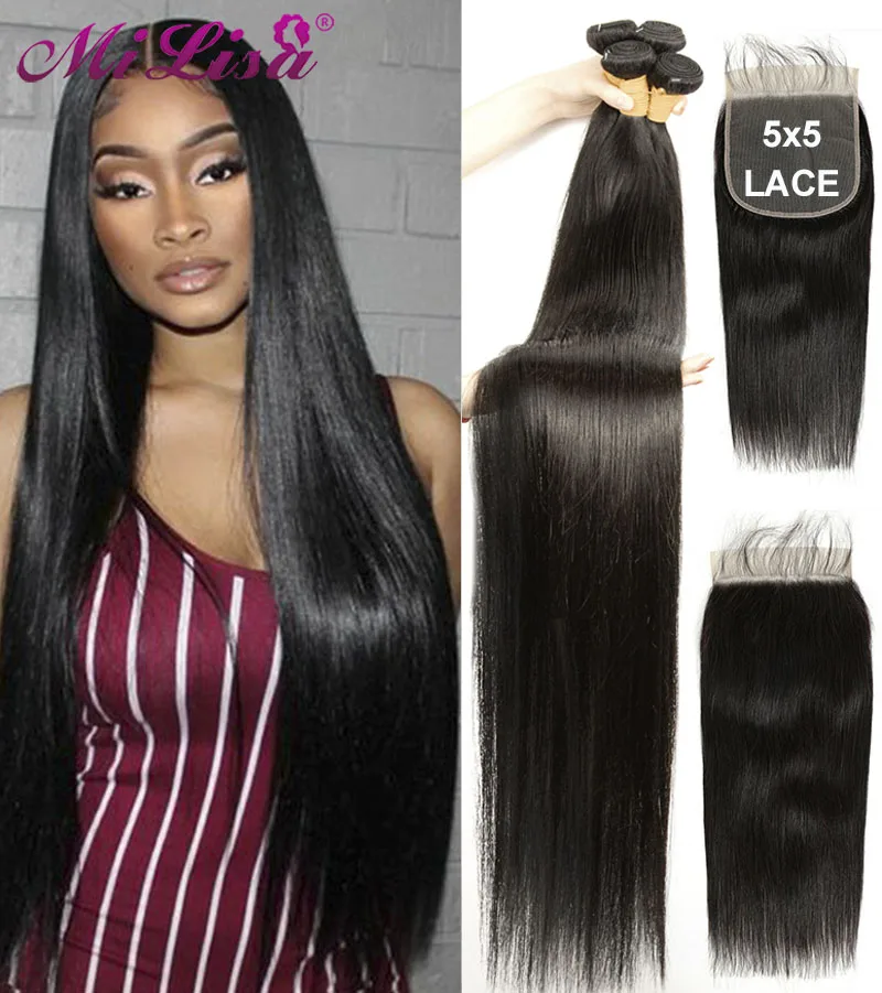 Straight-Bundles Human-Hair-Extension Lace Closure Brazilian-Hair Transparent Bone 