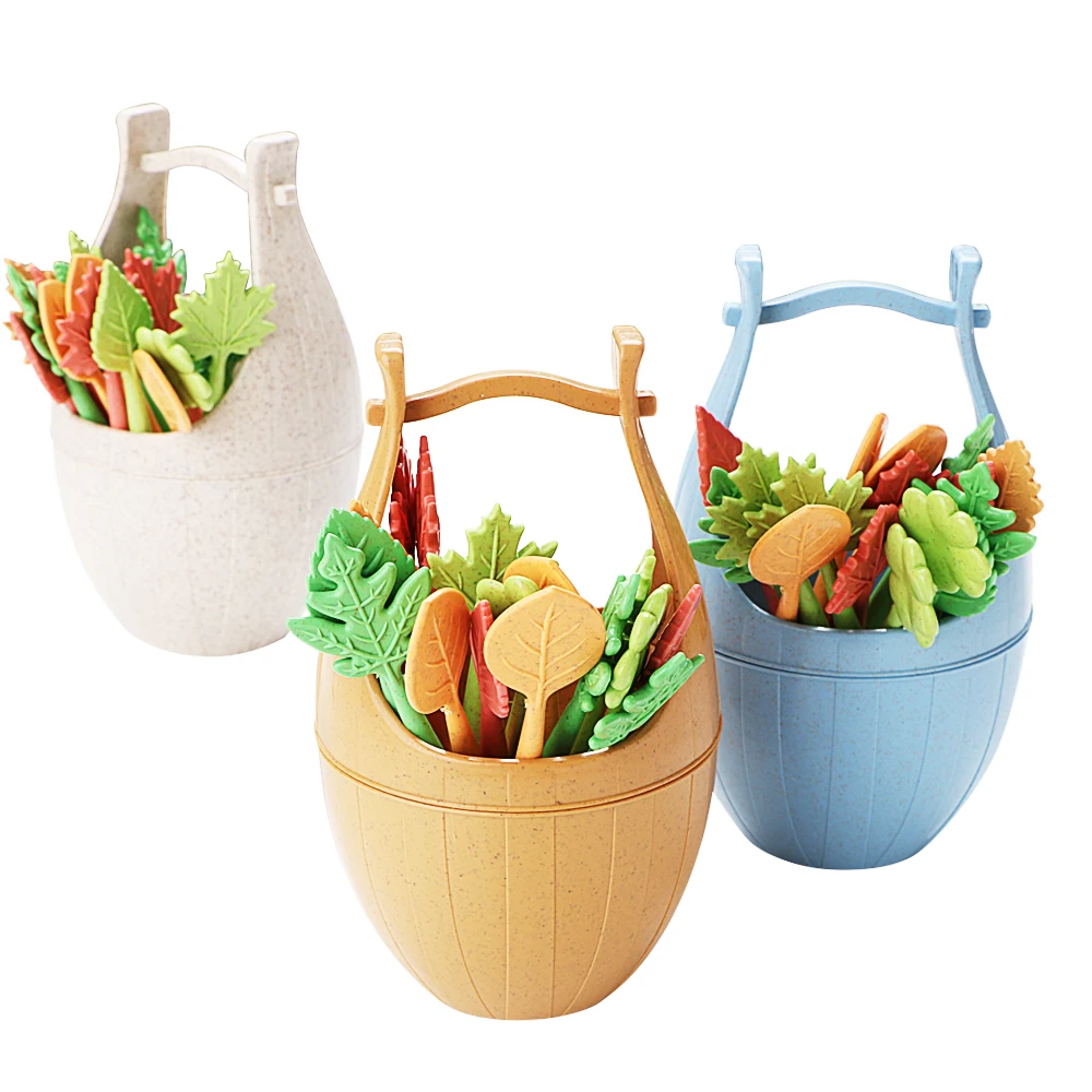 Daily Necessities Table Decor Tools 16pcs/set Fruit Fork Set Cake Salad Vegetable Forks Green Biodegradable Straw Leaves