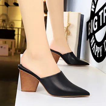 

BIGTREE New 2020 Fashion Mixed Colors Slippers Sandals Baotou Drag Wood Grain Heel Sexy Pointed High Heels Party Chunky Pumps