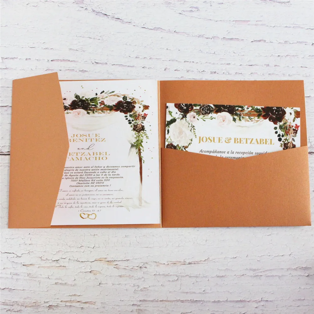 Wedding Invitations Tri-Fold Pocket Save The Day RSVP Invites Personalized Text Printing Pearl Craft Paper Multi Colors