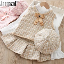 Осенний комплект одежды для маленьких девочек, высококачественный комплект одежды из 3 предметов, жилет, плиссированная юбка и береты, шляпа для маленьких девочек, комплект одежды