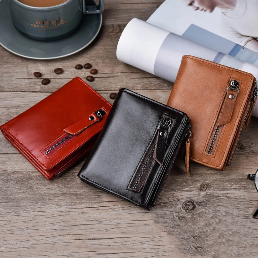 Genuine Cow Leather Men Wallets Hasp Zipper Short Card Holder Male Purse Fashion Brand High Quality Simple Men Purse
