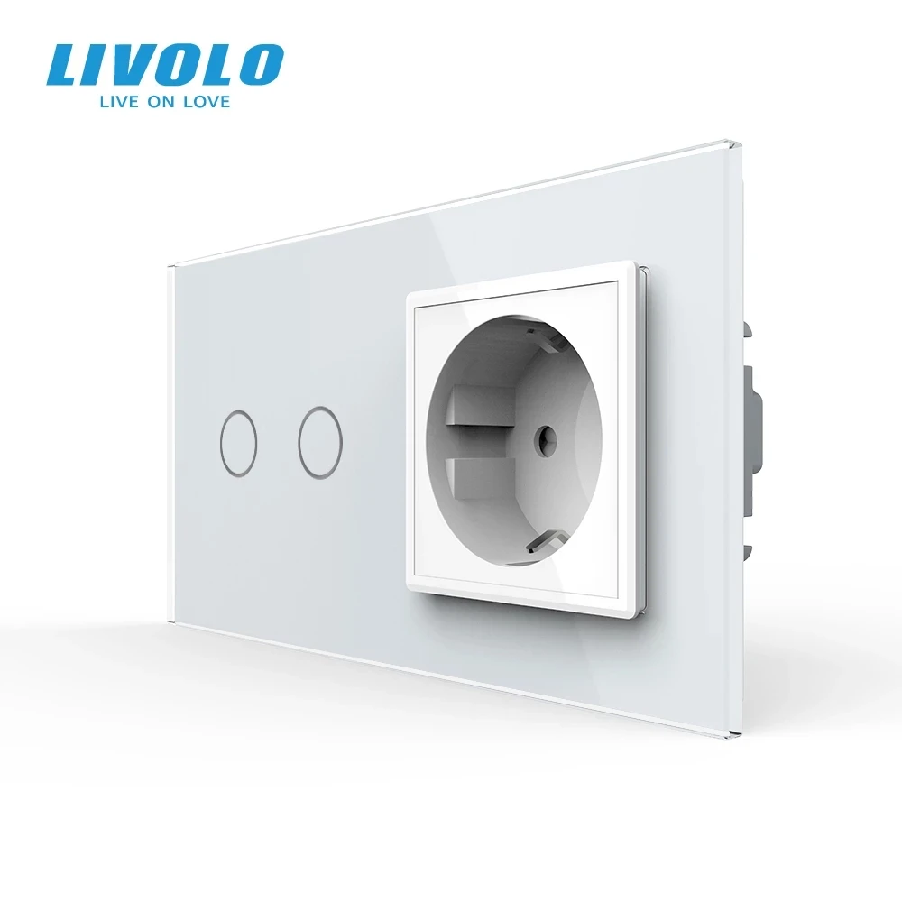 

Livolo Touch Switch 2 Gang 1 Way, Black Crystal Glass Panel, AC 110~250V EU Standard Wall Socket, VL-C702-11/VL-C7C1EU-11