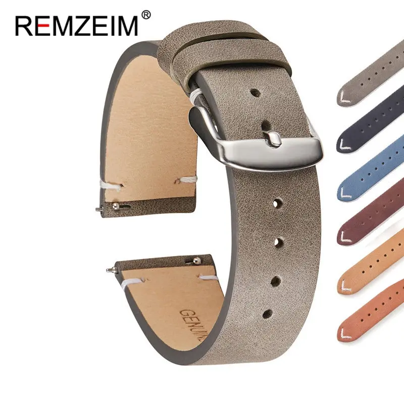 

REMZEIM Calfskin Leather Watch Band 18mm 20mm 22mm Quick Release Straps Watchbands Dark Brown Gray Black Blue Green Belt