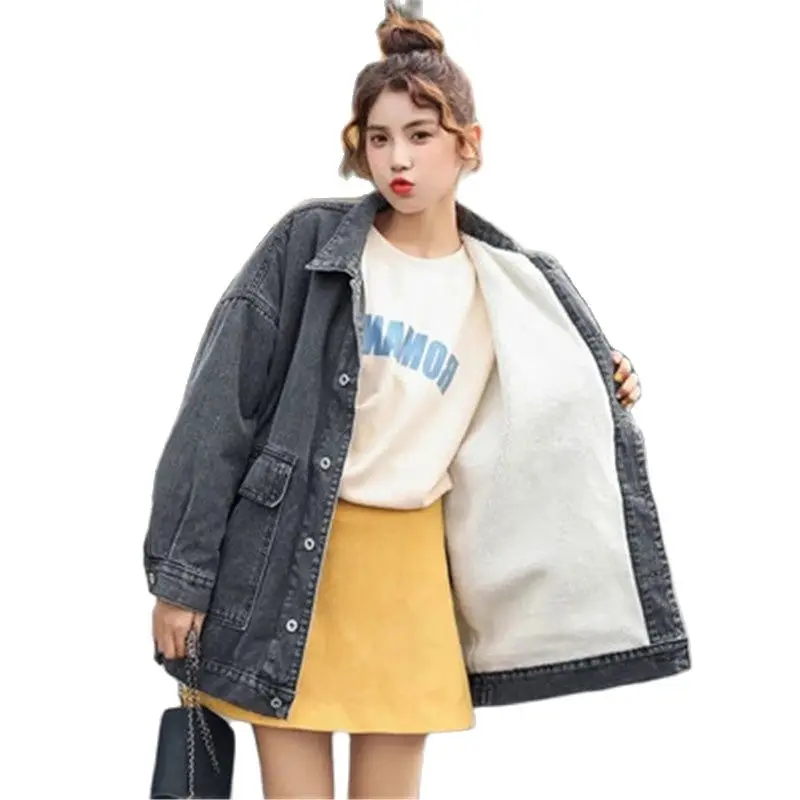 

Winter Thicken Warm Denim Jackets Women Korean Fashion Lapel Cotton Jean Coat Basic Loose Big Pockets Harajuku Outerwear A839