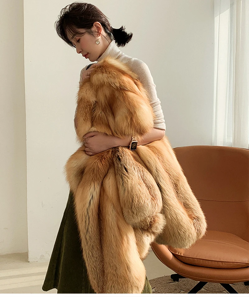Ftangaiur Winter Import Golden Island Fox Fur Coat Women's Full Sleeve Pure Color V-Neck Short Natural Real Fox Fur Coats