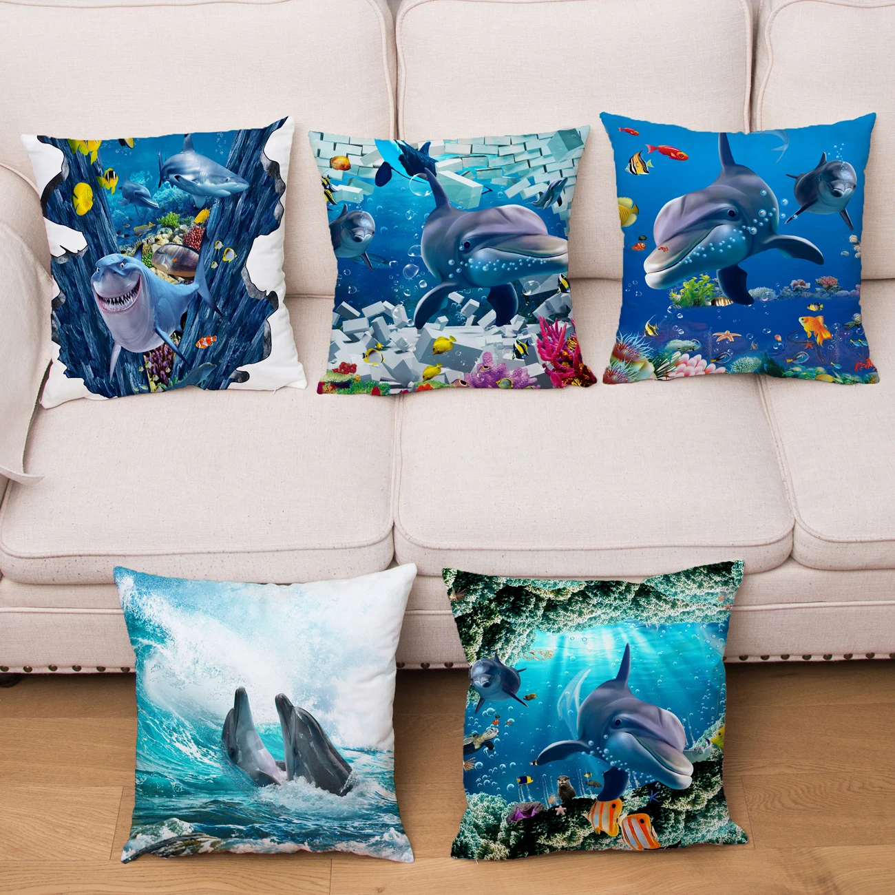

Underwater World Print Cushion Cover Cartoon Marine Dolphin Pattern Pillowcase Kid Gift Sofa Home Decor Soft Plush Pillows Cases