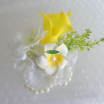 

Handmade 64pcs Prom Crystal Bride Boutonniere Prom Corsage Artificial Calla Lily Wrist Flower Wedding Decor Yellow White