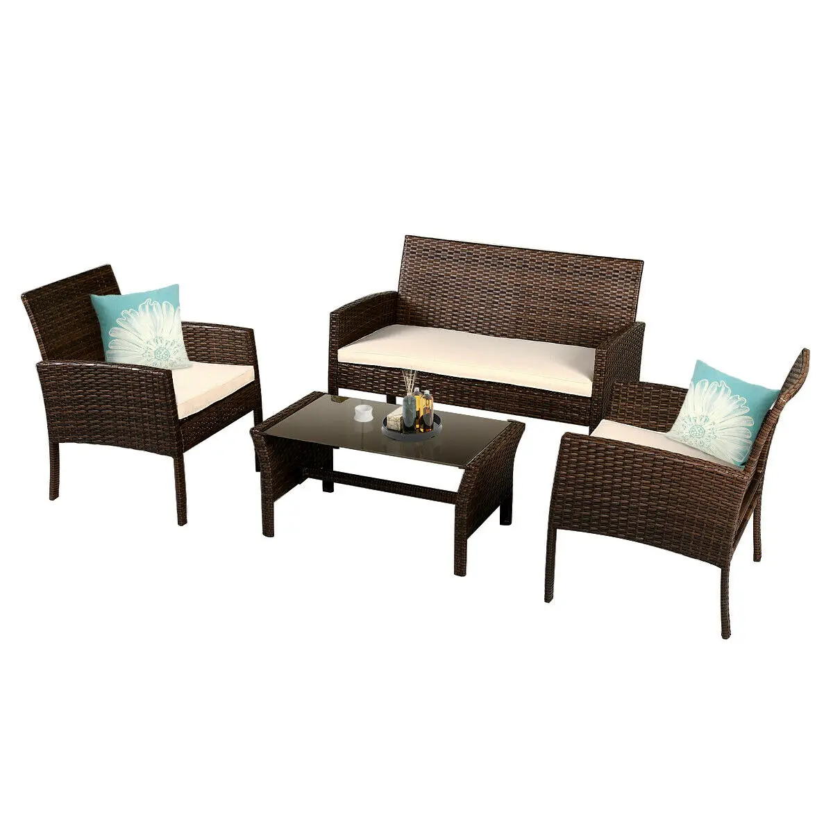 Costway 4 Pieces Patio Furniture Wicker Rattan Sofa Set Garden Patio Furniture Wicker Rattan Sofa Set
