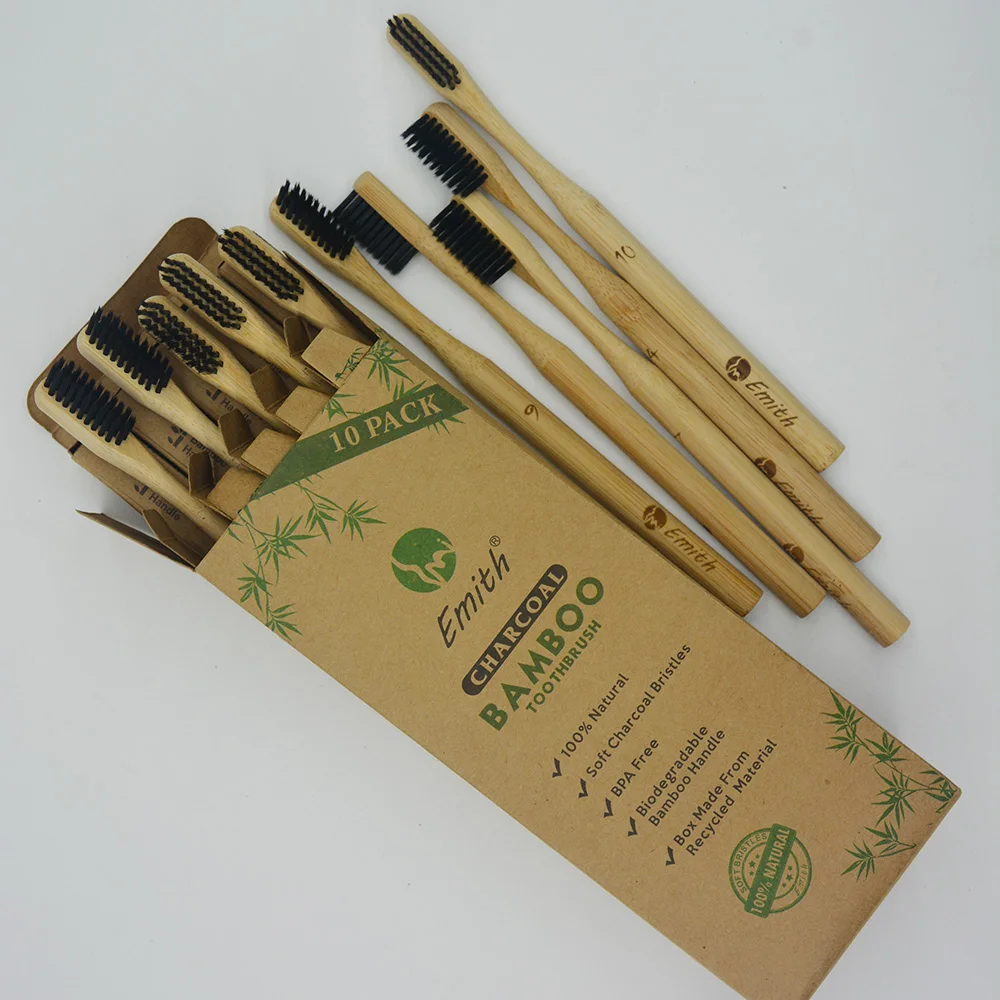 

10pcs in1BOX 100 % Round handle natural environmental friendly bamboo charcoal toothbrush