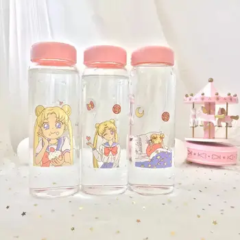

450ml Sailor Moon Glass Water Bottle with Protective Bag Cartoon Pink Transparent Drink Bottles Student Portable Milk Cup