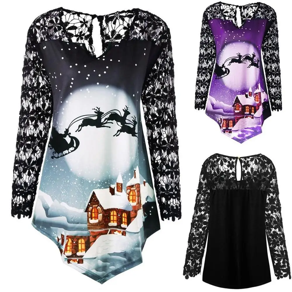 Women's Happy Christmas Lace Patchwork Asymmetrical Top Sexy Print Long Sleeve Shirt Large Casual Women |