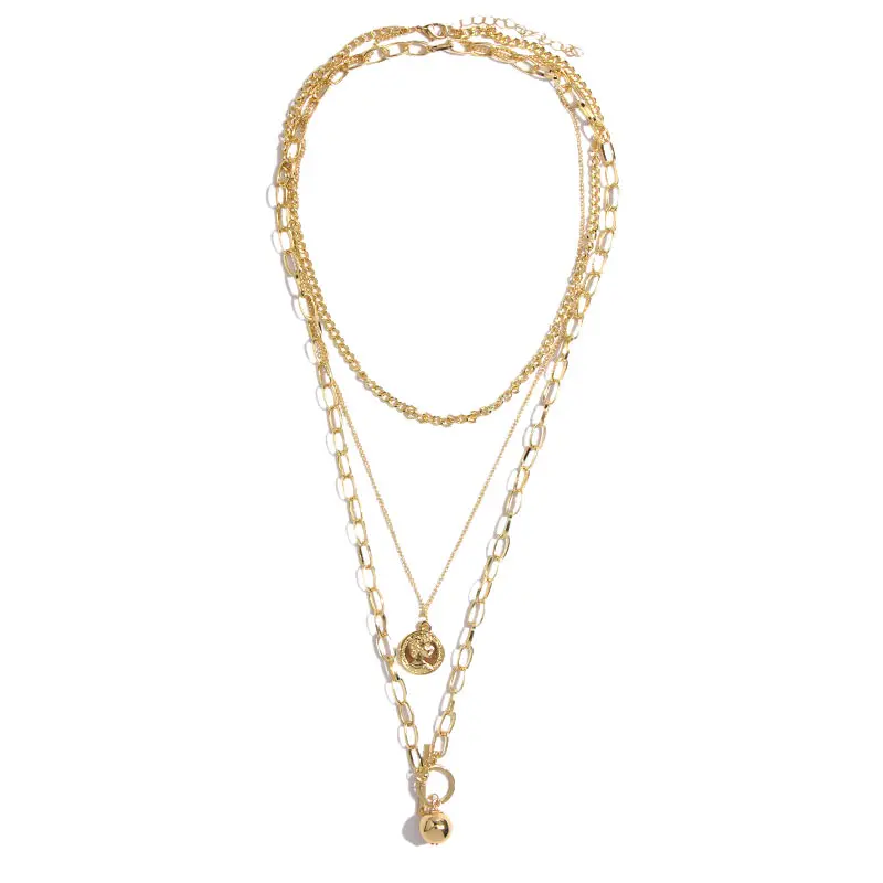 JUST FEEL Multi Layer Link Chain Choker Necklace Women Vintage Gold Color Round Coin Pendant Necklaces Statement Jewelry Gifts