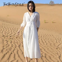 TWOTWINSTYLE, повседневное Белое Женское платье с v-образным вырезом, пышными рукавами, высокой талией и пуговицами, миди платья, женская мода, весна, тренд